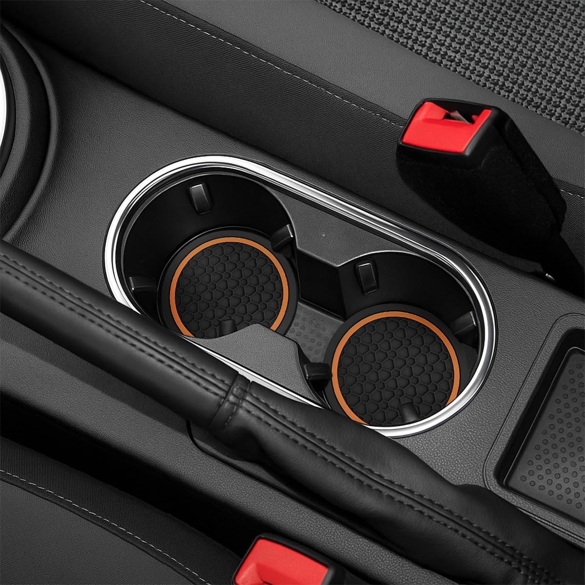 4PCS Car Cup Holder Coasters, Non-Slip Dustproof Automotive Water Bottle Holder Mats, Waterproof Vehicle Interior Embedded Coaster Accessories, Universal for SUV, Sedan, Truck (Black/Orange)