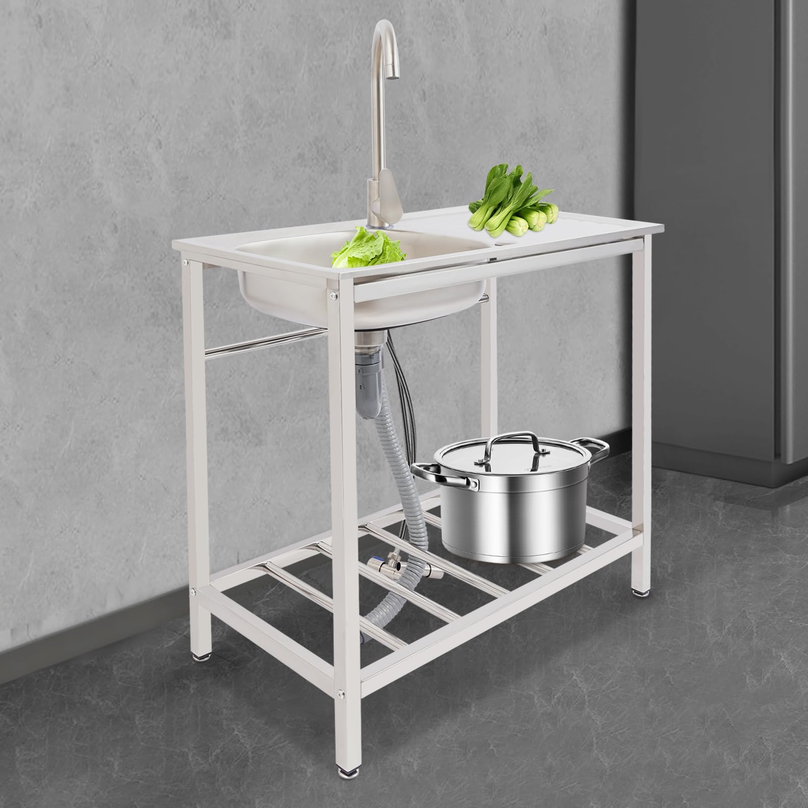 Freistehende Edelstahl Spültisch 1 Becken Outdoor Spüle mit Werkbank Multifunktions Waschtisch Küchenspüle Gewerbliche Spüle mit Heiße & Kalte Wasserhahn und Ablageflächen 75x40x75cmcm