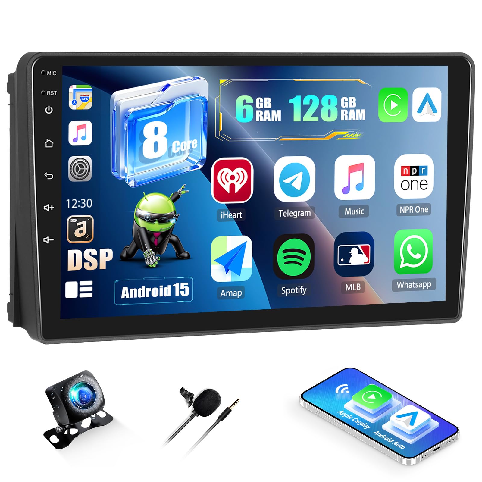 CAMECHO 6+128 Android 15 Autoradio für Ford Fiesta Focus Transit Connect Kuga Mondeo Smax mit Rückfahrkamera, 9 Zoll Radio Bluetooth mit Wireless Carplay Android Auto mit GPS WiFi FM/RDS +Canbus
