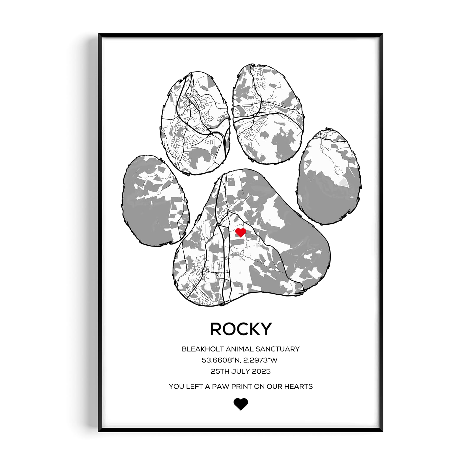 Fans Favourites Personalised Pet Map Paw Print, Custom Dog/Cat Gift with Any Town, City or Address Location, First Pet or Memorial Keepsake