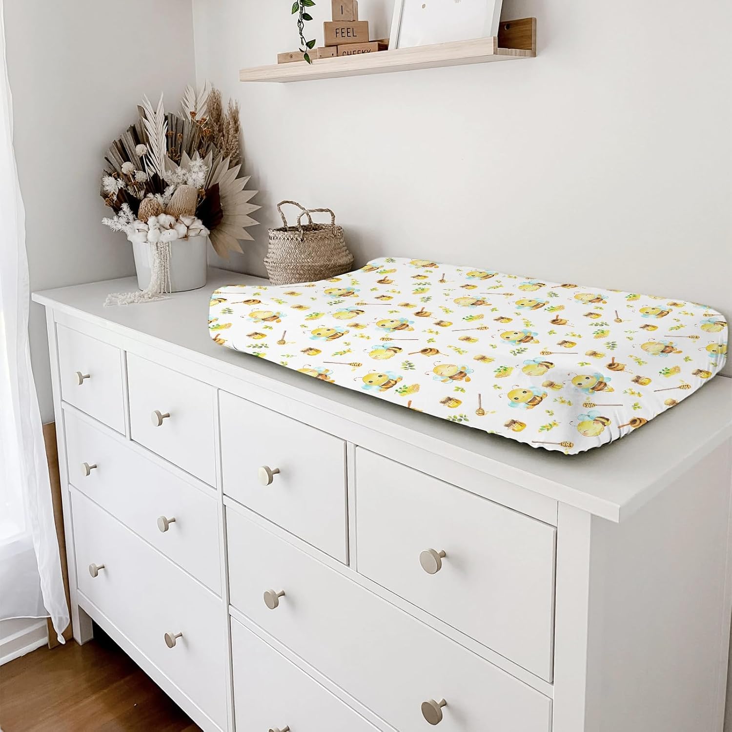 Cartoon Bees Boho Leaves Honey Changing Pad Covers for Baby Boy Girl 32''x16'' Bees Retro Floral Fitted Changing Pad Sheets Bees Comfort Soft Breathable Baby Diaper Changing Table Mats