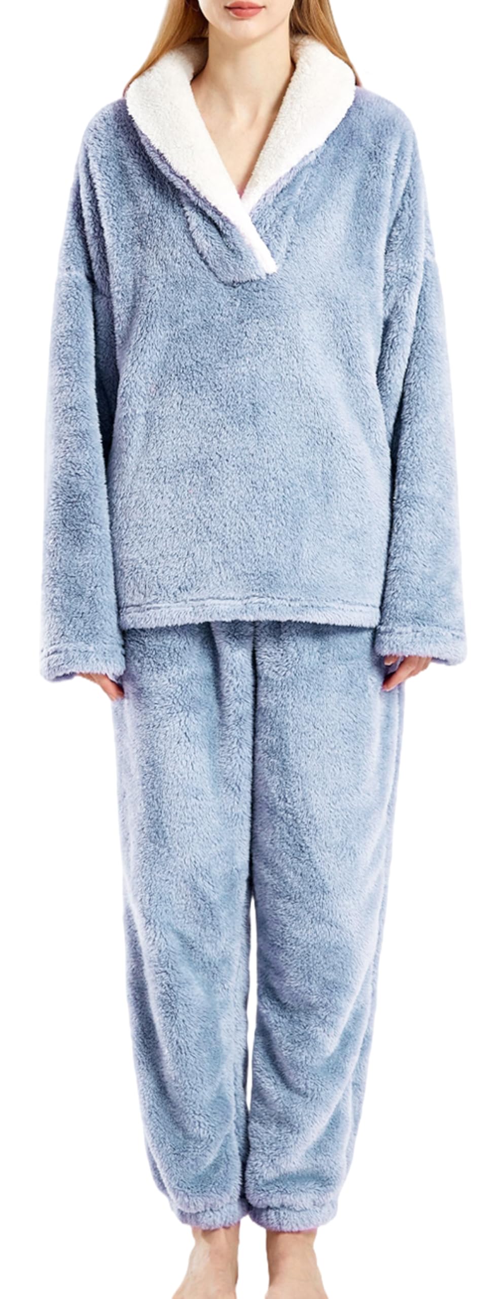 Pyjama Femme Hiver en Peluche Ensembles de Pyjamas Polaire Chaud 2 Pièces Filles Chemise de Nuit Vêtements de Maison EU XS-XL