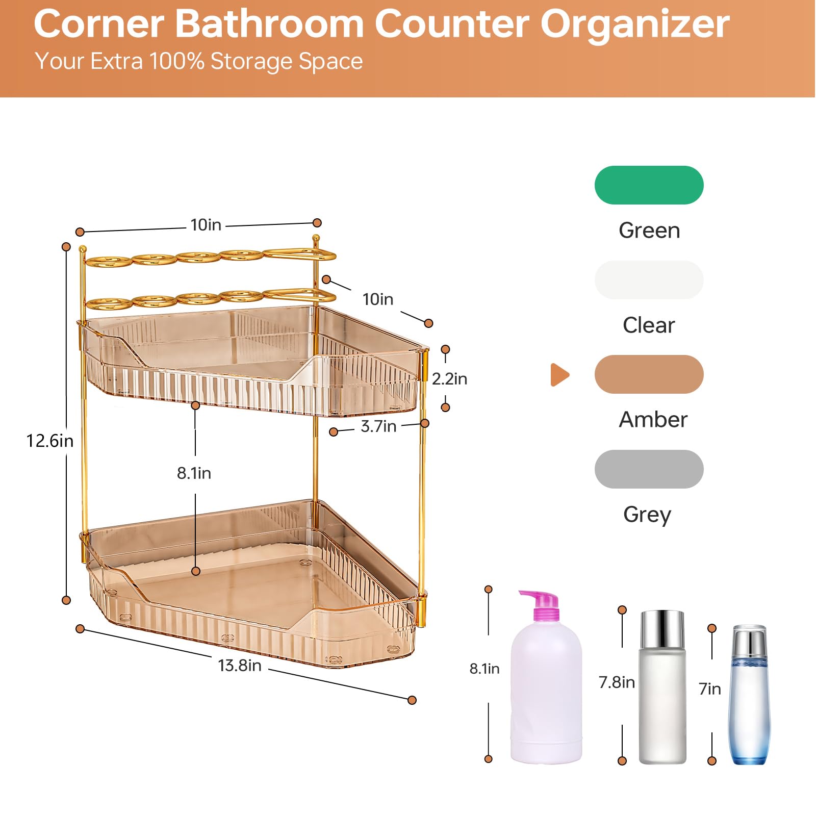 Organizer per bancone da bagno ad angolo con porta pennelli da trucco e portaspazzolini, organizer per trucchi per controsoffitti, mensola in acrilico per la cura della pelle (ambra, 2 piani)