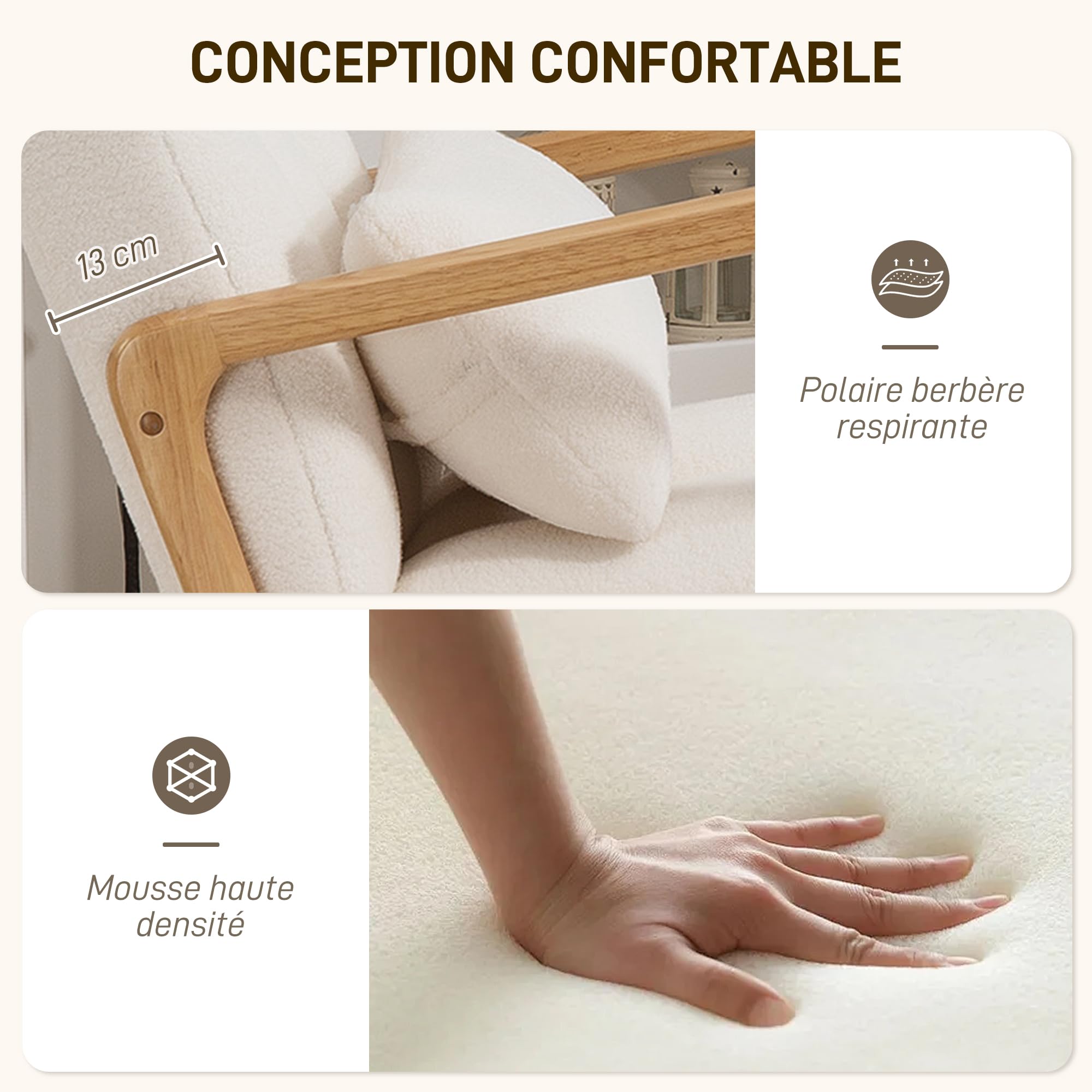 HOMCOM Fauteuil à Bascule avec Repose-Pieds, Rocking Chair en Tissu Bouclette, Assise Large, Pieds en Bois, Coussin Inclus, Chaise à Bascule pour Salon, Chambre, Balcon, Blanc