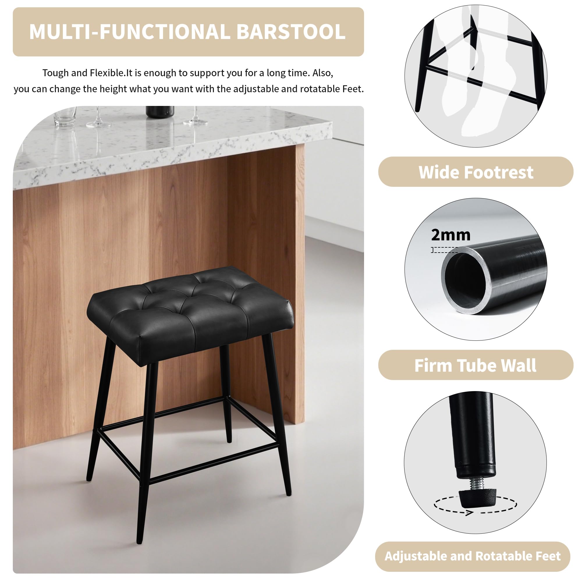 STOOLINK Juego de 2 Taburete Bar, Taburete Alto Cuero de Microfibra, Taburete Cocina con Reposapiés 62.5 cm Altura, Taburete de Bar 150 kg para Comedor, Mostrador-Negro