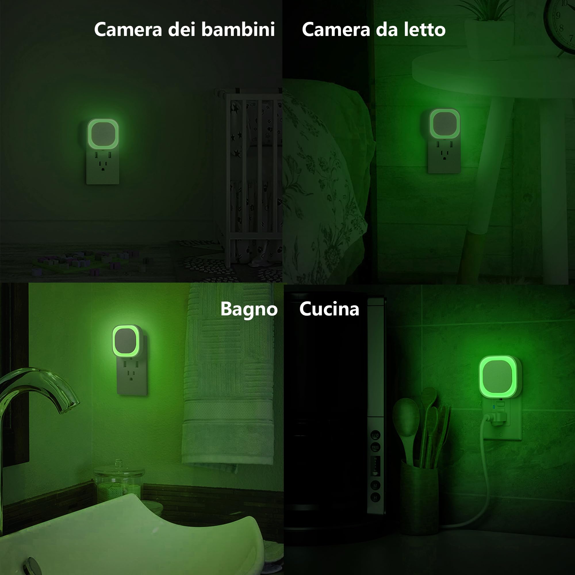 YUNLEX Presa di Luce Notturna con Sensore Crepuscolare, Luce Notturna Bambini 3 livelli di luminosità regolabile per Camera dei Bambini, Bagno, Corridoio, Cucina, Scale (Verde)