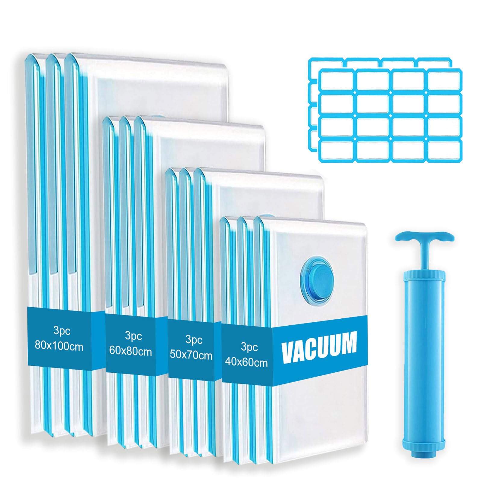 12 stuks vacuümzakken voor kleding en dekbedden, vacuümzakken, reistassen, met pomp, ruimtebesparend, vacuümzakken voor kleding, grote compressiezakken