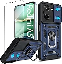 Case and Tempered Glass for Xiaomi Redmi A5 4G Protective Case Cover and Screen Protector, Sliding Lens Cover, 360° Rotatable Military PC Armor Navy