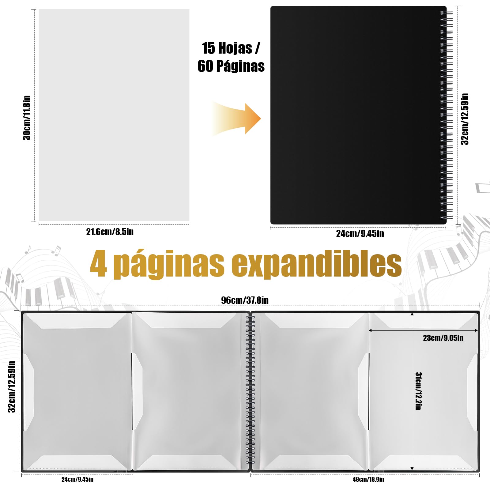 Irich Carpeta de notas musicales A4, carpeta de 15 bolsillos/60 páginas para partituras, impermeable y plegable, carpeta de notas desplegable en negro, carpeta de registro para documentos, papel