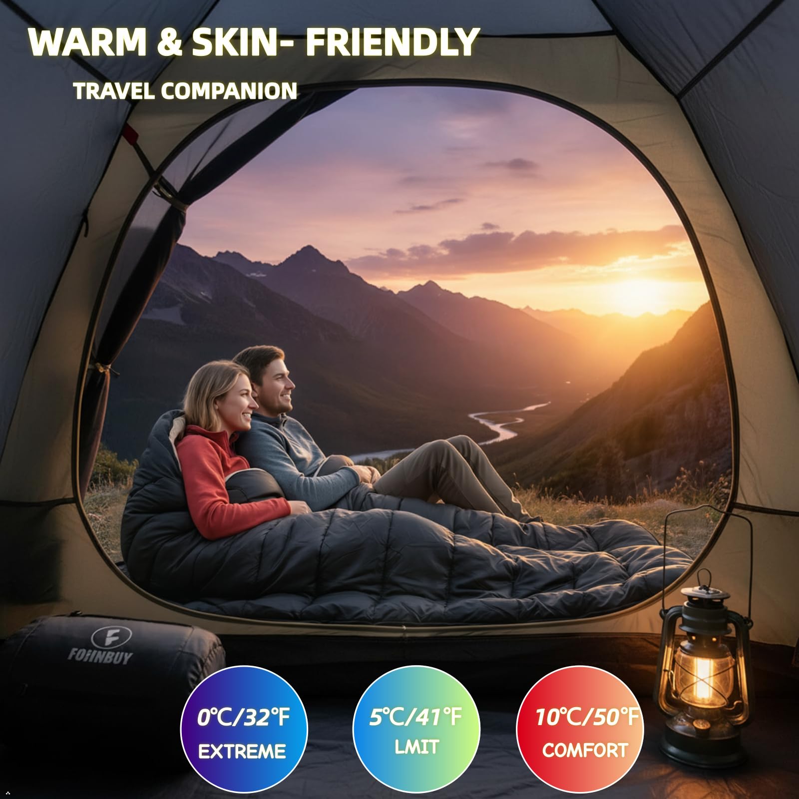 Saco de dormir doble de invierno de 0.0 °F para parejas adultas, saco de dormir para 2 personas, saco de dormir doble ancho cálido para acampar familiar, mochilero o senderismo