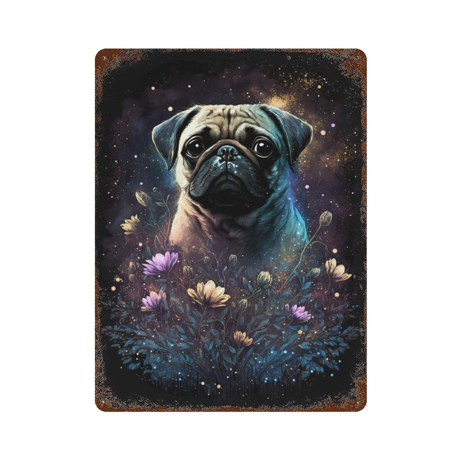 Vintage Metal Tin Sign Glowing Pug with Flowers 15.7"x11.8", Classic Wall Plaque for Farmhouse, Kitchen And Entryway Decor
