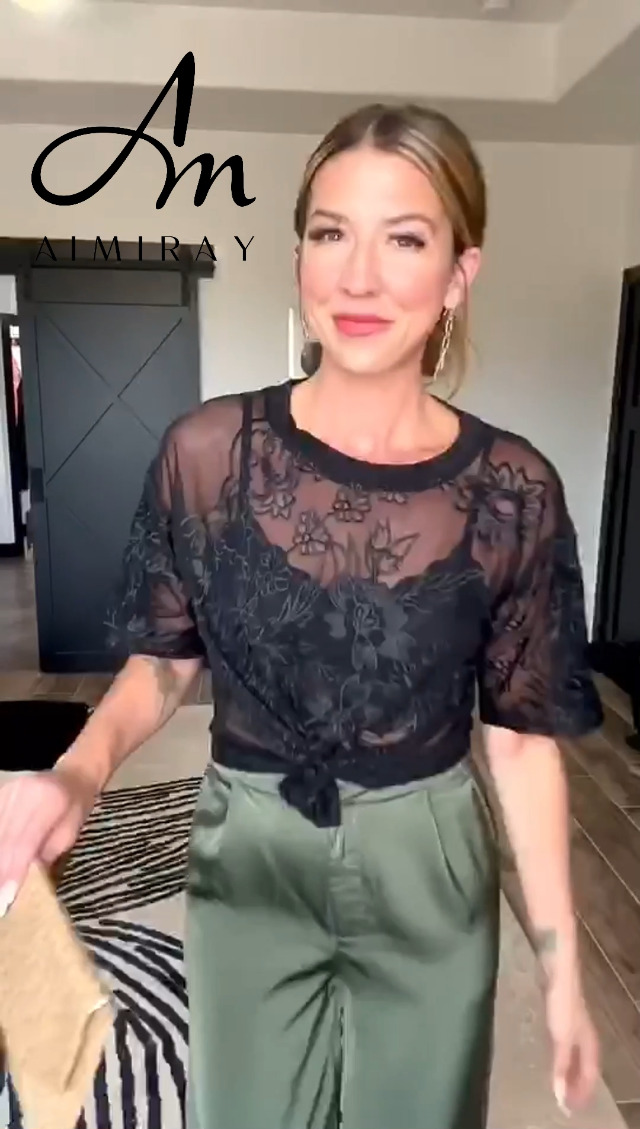 Aimiray Women's Sexy Mesh Tops Short Sleeve Round Neck Lace