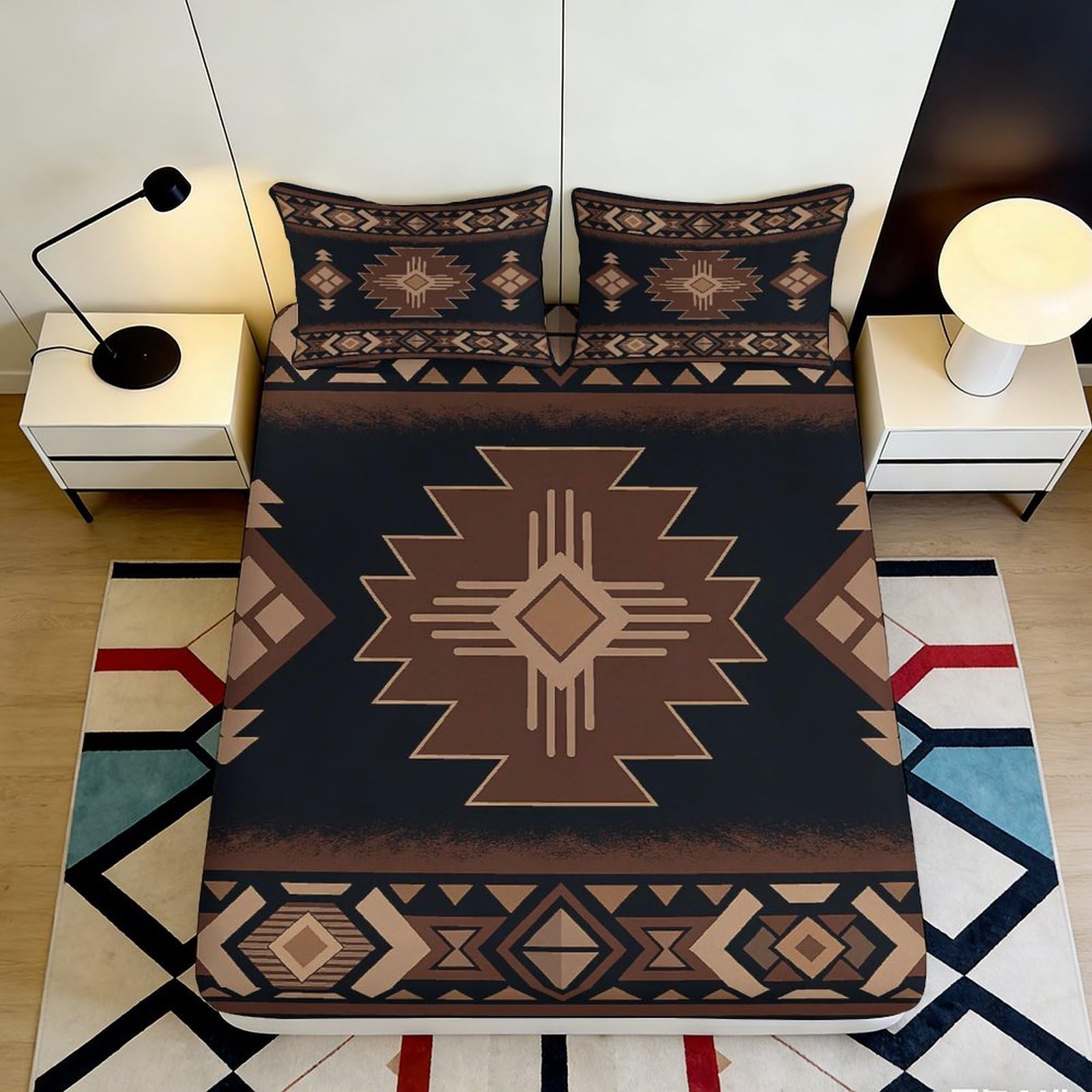 3D Printed Geometric Pattern Fitted Sheet Microfiber Soft Breathable Tribal Design Mattress Cover for Bedroom Dormitory Guest Room Protection 160x200x25cm
