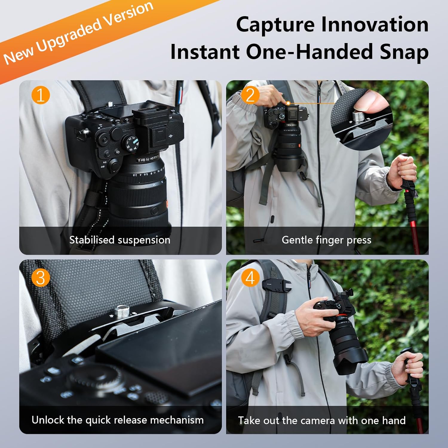 AMAZEAR Upgraded Camera Backpack Clip for DSLR, One-Handed Operation Bag Strap Belt Clip with Quick Release Plate Mount for Canon Nikon Sony Fuji Go-Pro Action Cam with Safety System V2, Black