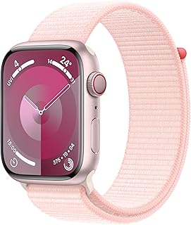 Apple Watch Series 9 [GPS + Cellular 45mm] Smartwatch with Pink Aluminum Case with Light Pink Sport Loop One Size. Fitness...
