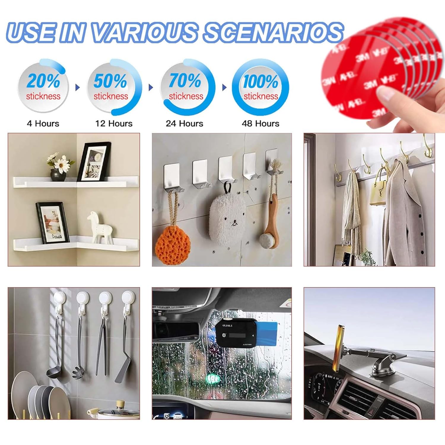 Round Double Sided Adhesive Pads Heavy Duty, Double Sided Tape 1in x 1in 48pc, 0.03in Thick Two Sided Adhesive Tape, Removeable Foam Tape Strips for Automotive, Home, Office Decor