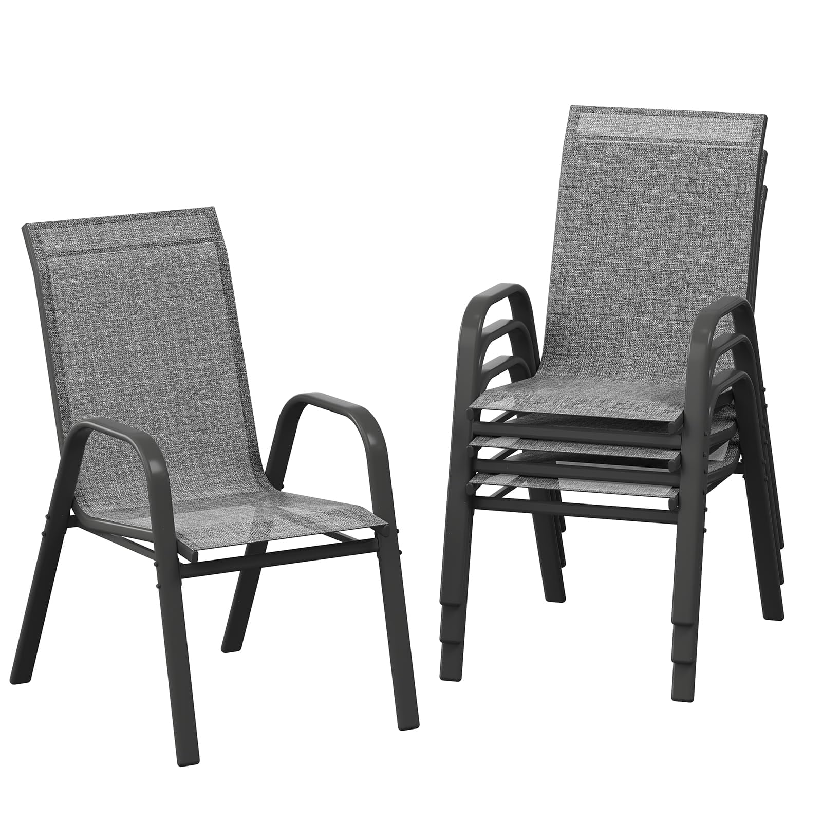 Litake Set 4 Sillas Apilables de Jardín Exterior, Sillas de Metal y Textileno con Respaldo Alto y Reposabrazos, Preensambladas, Estructura Anticorrosión, para Terraza Patio Balcón, Gris