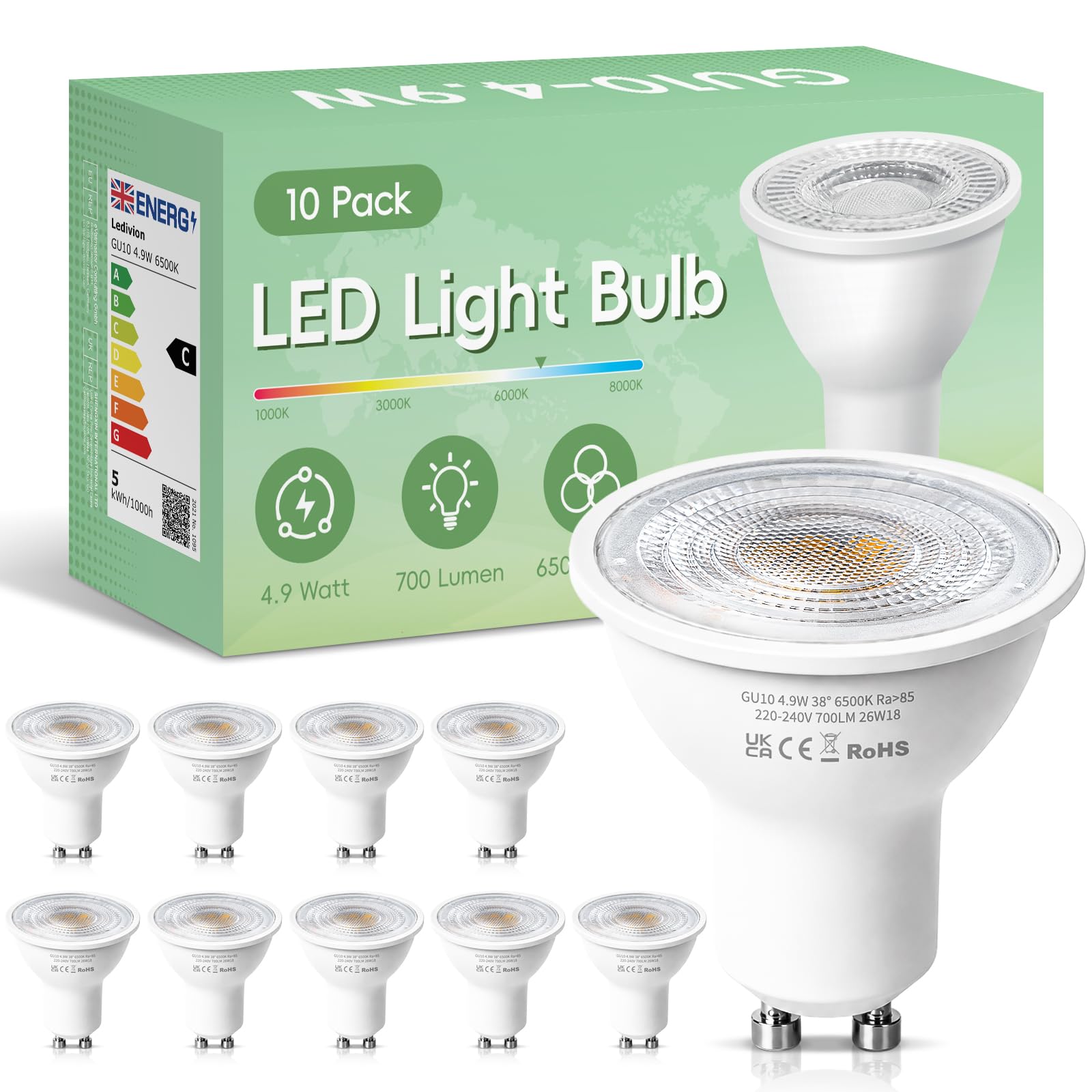 Ledivion GU10 LED Bulbs, Cool White 6500K, Class C, 5W LED GU10 Spotlight Bulb, 50W Halogen Spotlight, 220-240V 700LM, Narrow Beam Angle Energy Saving Non-dimmable, 10 Pack