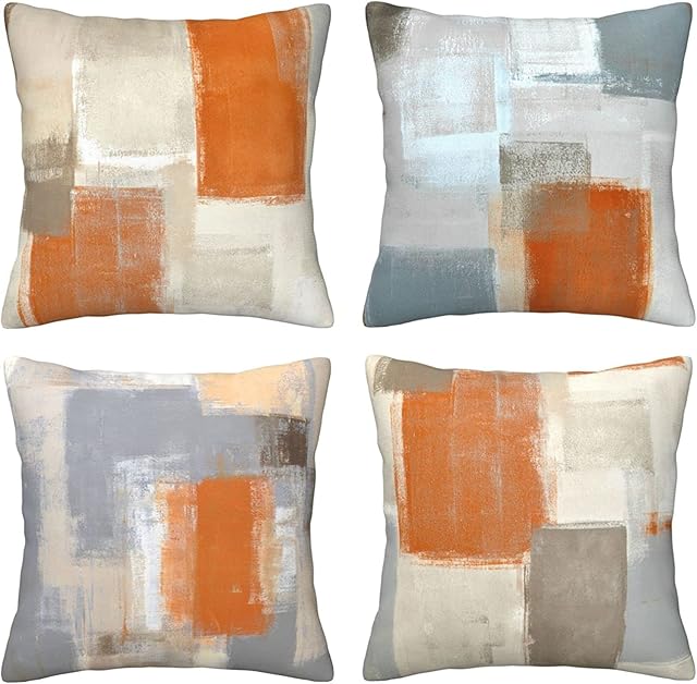 QUALKNOY Set of 4 Cushion Covers 18"x18" Grey Orange Modern Abstract Art Boho Decorative Throw Pillow cases 45 x 45cm for Sofa Living Room Garden Outdoor Home Decor Pillowcases