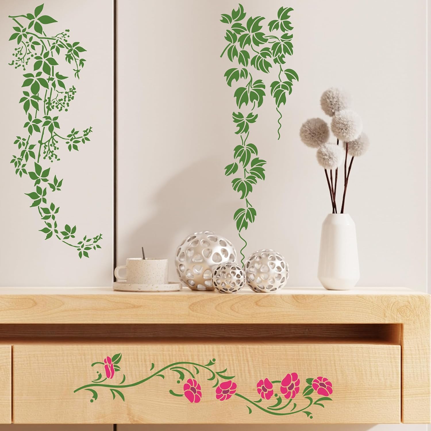 Keluna Leaf Vine Stencils for Painting - 16 Pcs Leaves Wall Stencils for Crafts Reusable, Flower Painting Stencils, Floral Spring Template for Painting on Wood Canva Home Decor