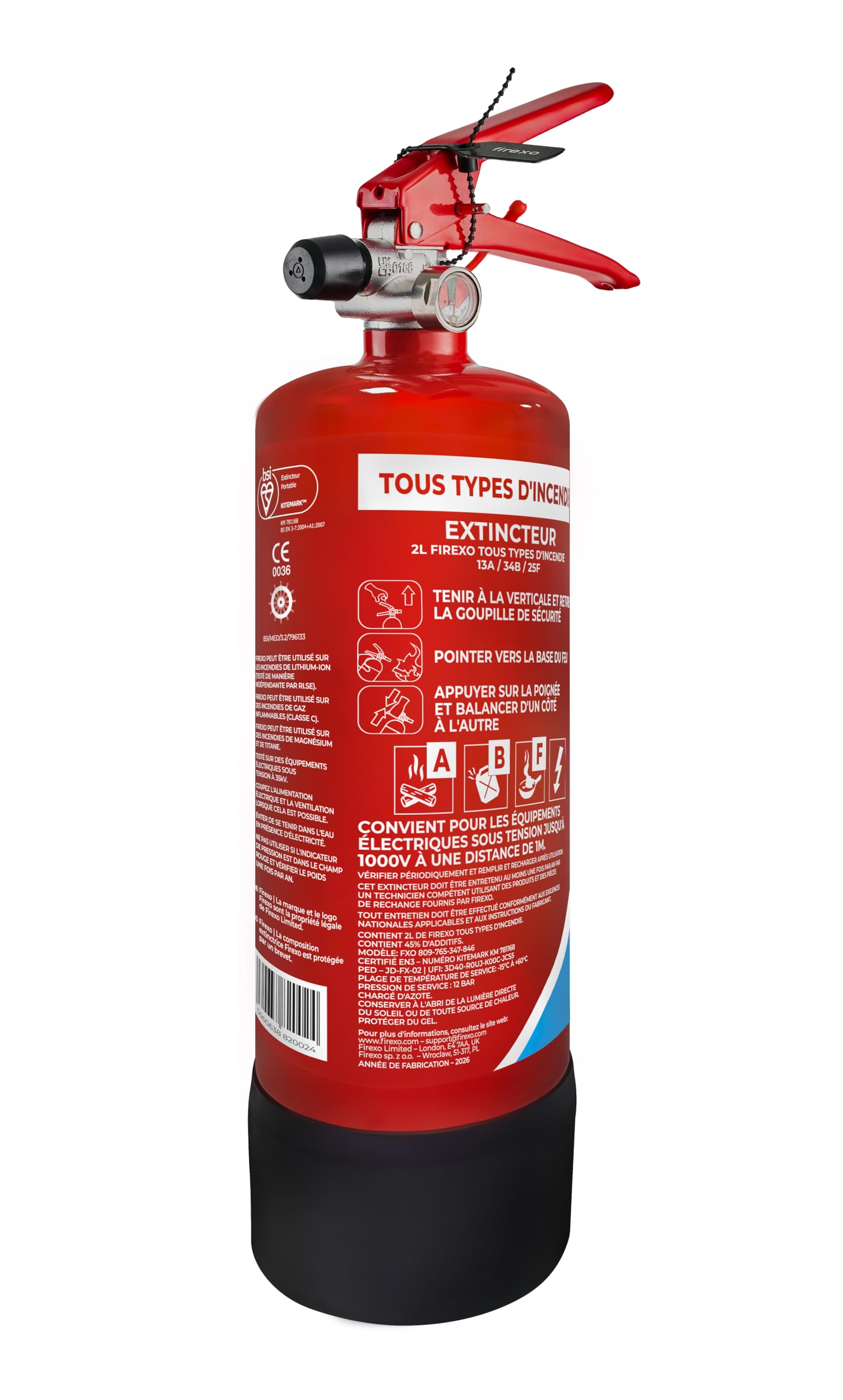 Firexo Extincteur (2 Liter) - Extincteur Maison Tous Feux, Batterie Lithium, Bureau, Cuisine, Voiture, Travail, Restaurant, Bateau - Fire Extinguisher for All Fires