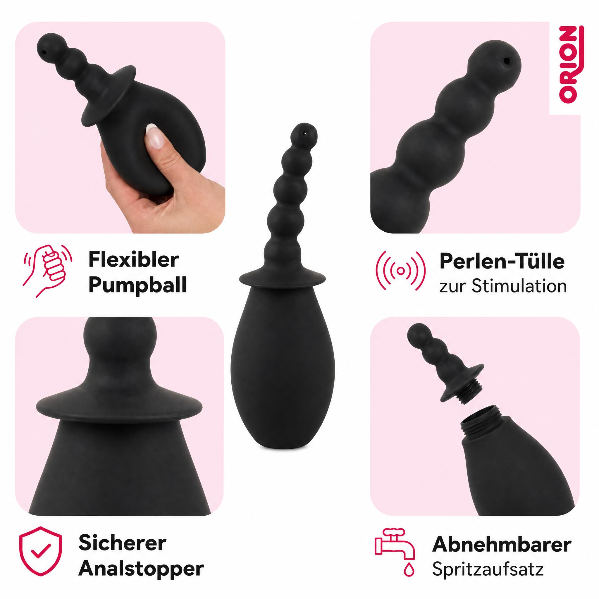 ORION Ducha anal - Ducha anal y vaginal negra con función de estimulación para mujeres y hombres, enema para enema e higiene íntima, color negro