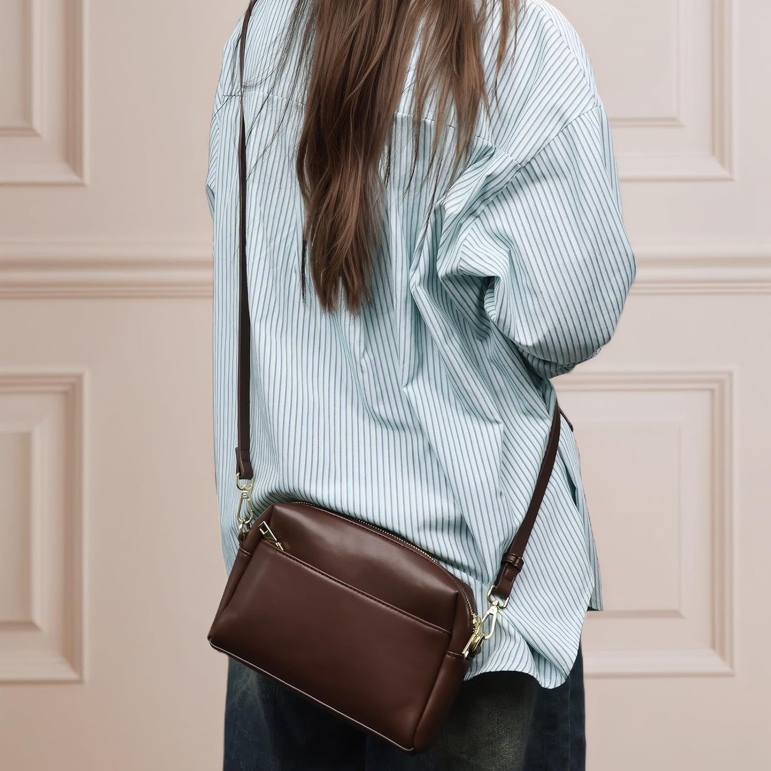 Triple Zip Crossbody Bag for Women - Vegan Leather Camera Purse with Detachable Strap & Organizer Pockets for Travel - Image 3