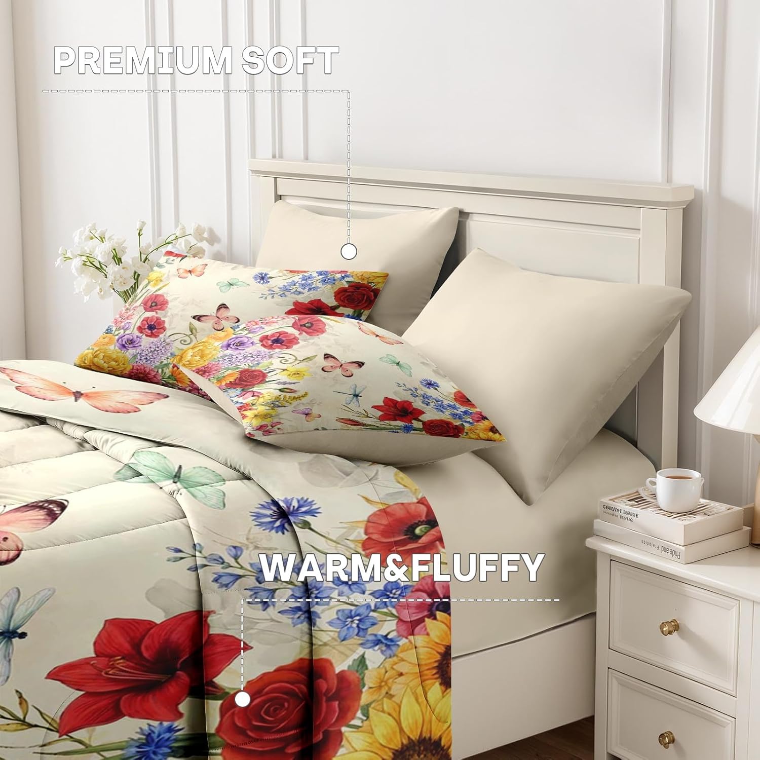 Nesker 7 Pcs Spring Comforter Set Queen Size, Floral Butterfly Bedding Set for Kids and Adults, Poppy Rose Bed Sheet Sets with Fitted Sheet 2 Pillowcases & 2 Shams