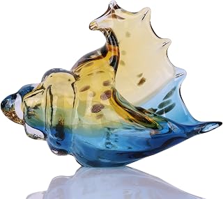 Hand Blown Glass Conch Statues, Blue and Amber Glass Art Figurines, Conch Shells for Coastal Home Decor, Living Room TV Stand and Bookcase Decor, Bathroom Shelf Tops and Cabinet Decor.