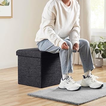 Ornavo Home 2 Pack 15 Inch Folding Storage Ottoman Cube, Linen, Black | Square Linen Storage Ottoman; Foot Rest Stool; Ideal for Living Room, Bedroom, Home Office or Dorm