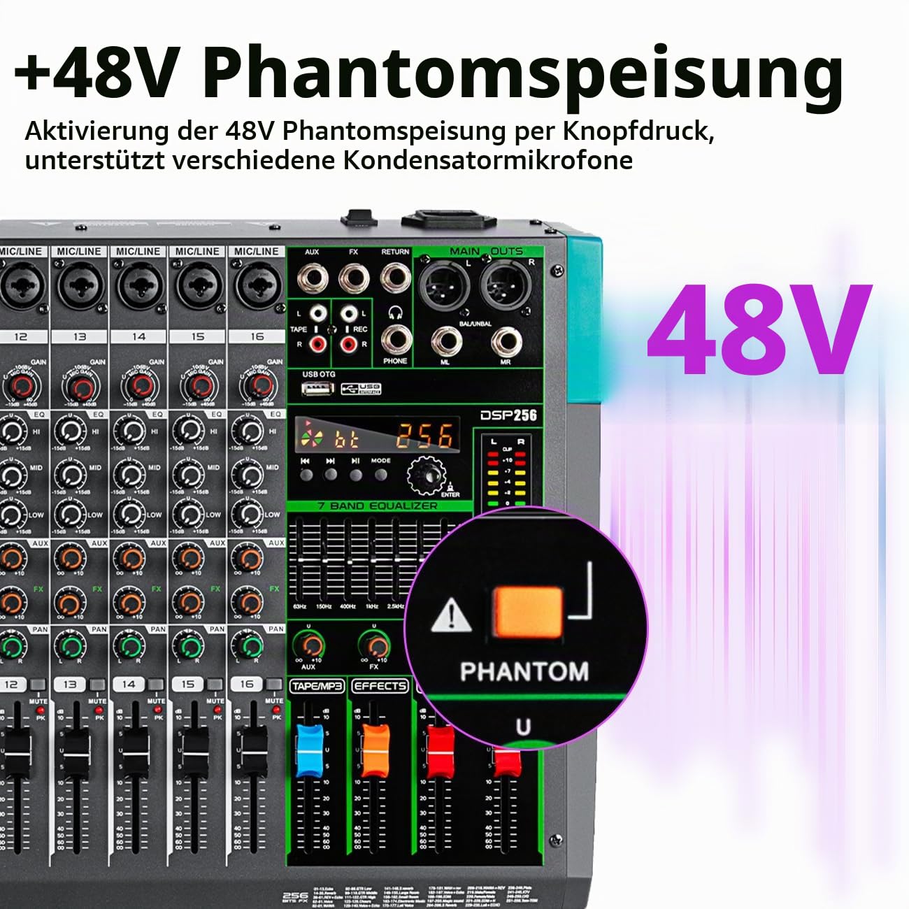 Depusheng PA16 Professional Audio Mixer Soundboard Konsole Schreibtischsystem Schnittstelle 16 Kanal Digital USB Bluetooth MP3 Computereingang 48V Phantomspeisung Eingebauter 256 Reverb Effekt