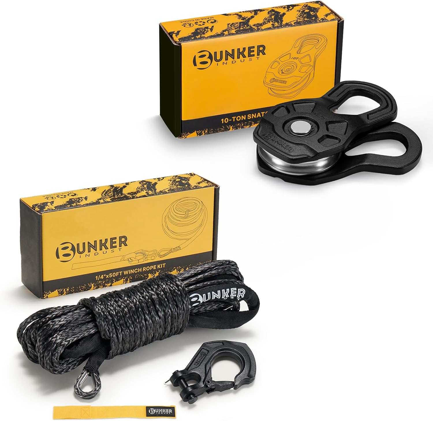 BUNKER INDUST 10T 22,000 lbs Winch Snatch Block + 1/4" x 50' 11023 lbs Synthetic Winch Rope Kit
