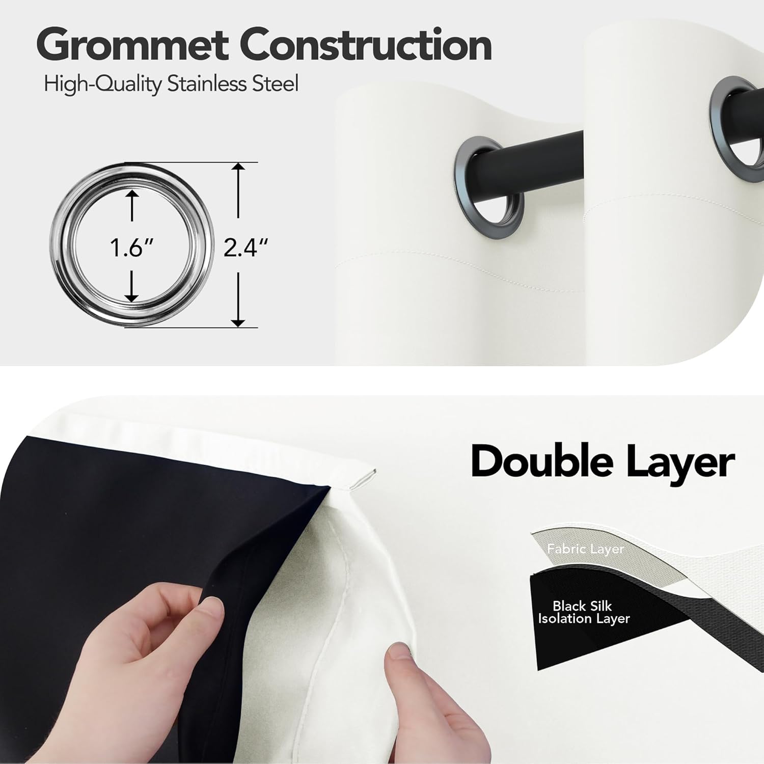 Deconovo 100% Blackout Curtains with Black Liner, Thermal Insulated Noise‑Reducing Grommet Drapes, Double‑Layer Room Darkening for Bedroom, Nursery, Home Office, 2 Panels, Cream, 52W x 84L