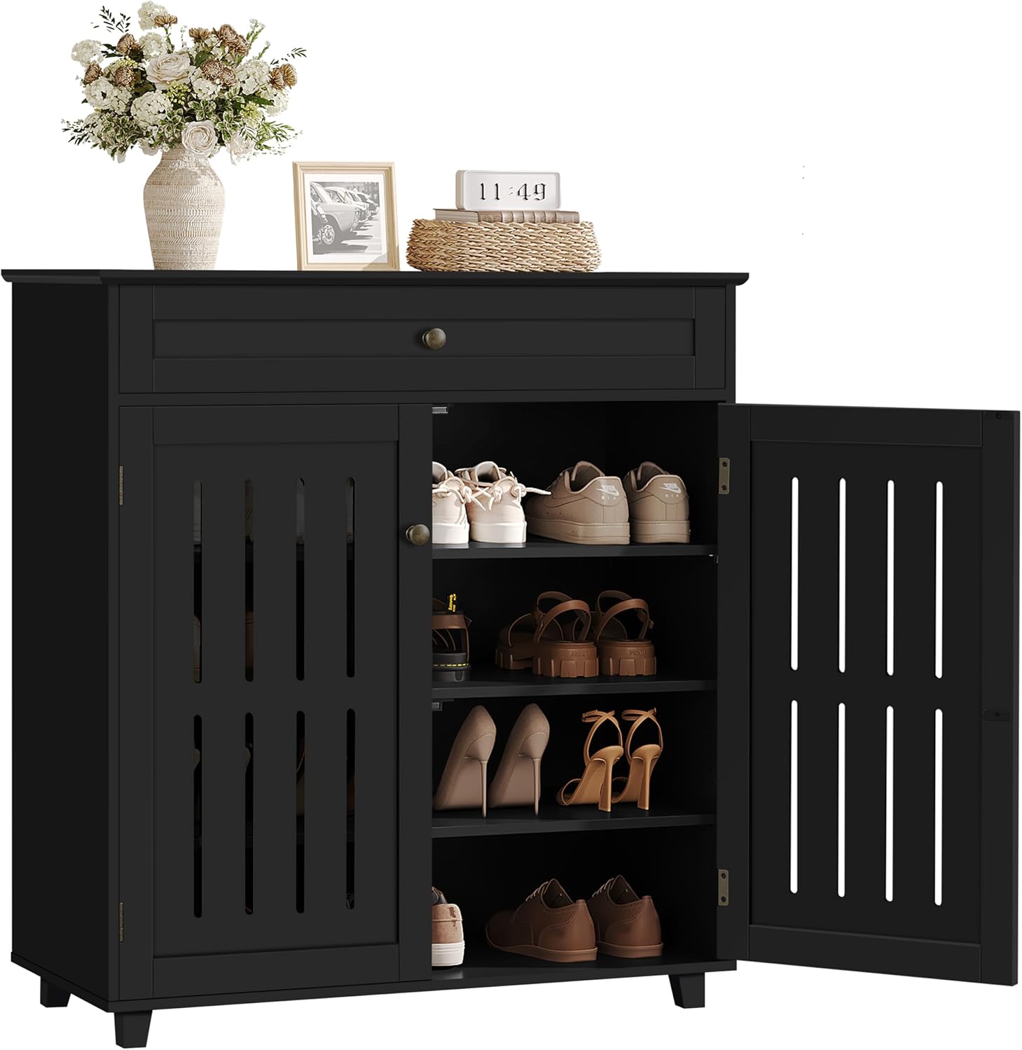 Yaheetech Shoe Cabinet, 4-Tier Shoe Storage Cabinet with Drawer & Adjustable Shelves, Shoe Rack Cabinet for Entryway, Hallway, Living Room, Black
