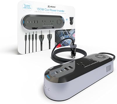 Atomi 150W Car Power Inverter with 2 AC 110V Outlets + 2 USB-C Ports + 2 Smart Charge USB Ports