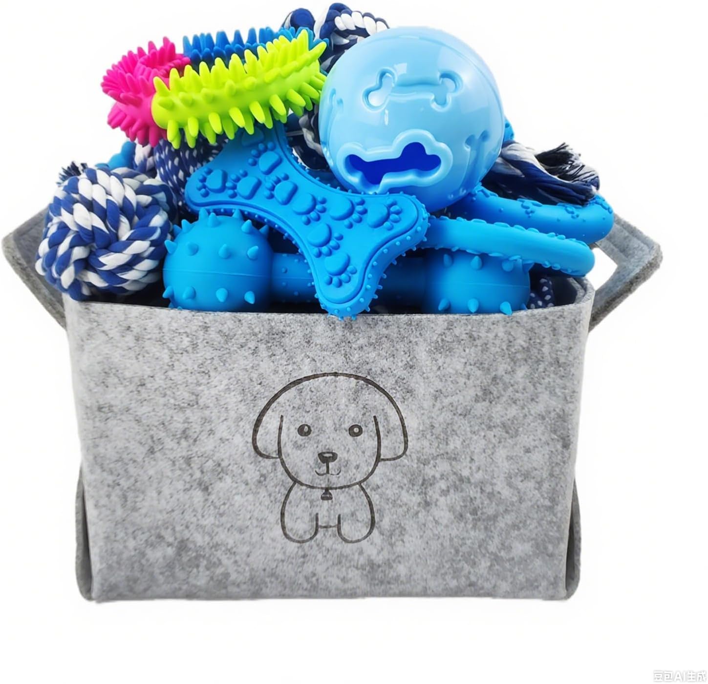 21Pcs Puppy Chew Toys - Blue Series Puppy Chew Toys Bundle for Teething, Puppies Teething Toys with Durable Rope Rubber Ball Ring, Pet Interactive Toys for Small Medium Dogs with Basket