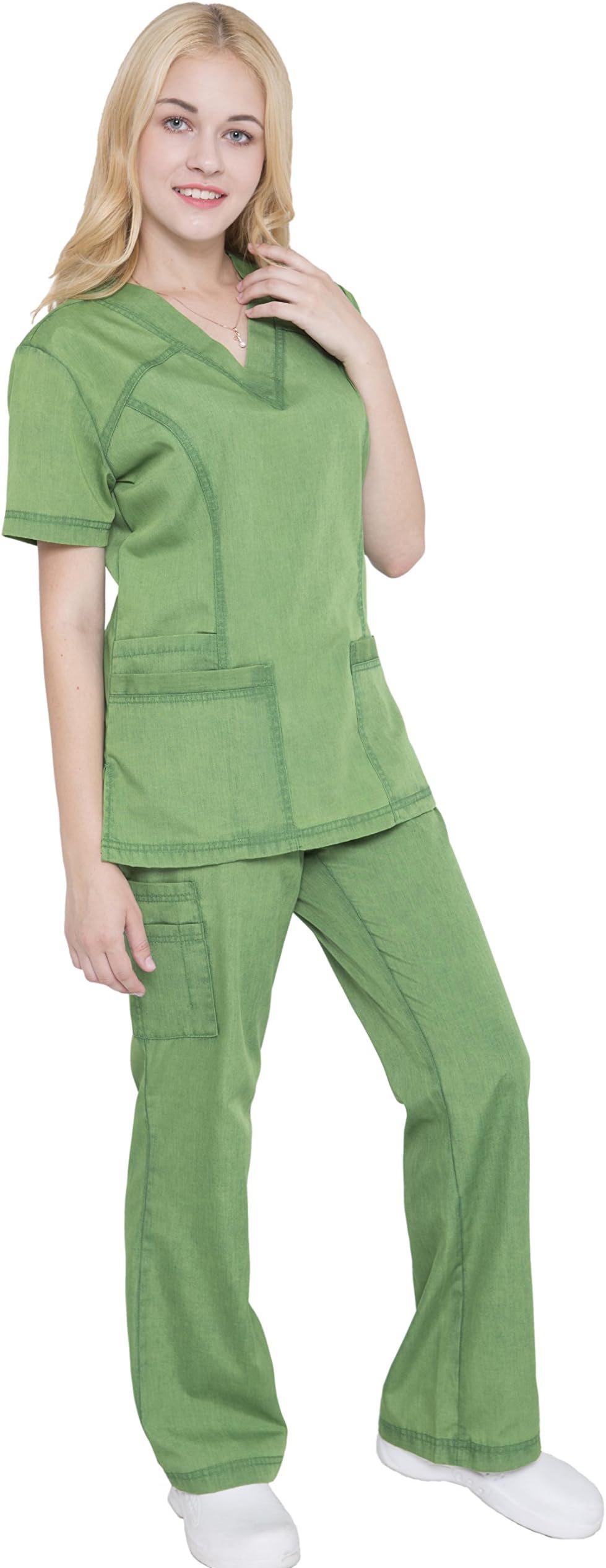 Jeanish V Neck Scrubs Set Superior Softness Washed Lady Women Scrubs Workwear Top and Pants JS1605