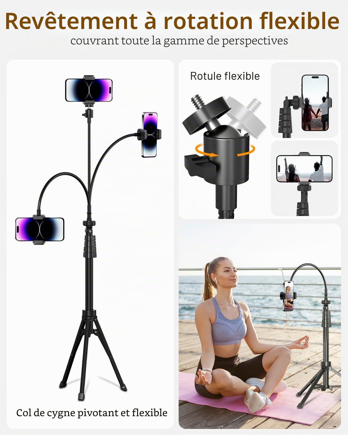 Aureday Trépied portable 223 cm, tuyau flexible 38 cm, rotation 360°, télécommande Bluetooth, compatible iPhone, Android et appareils photo