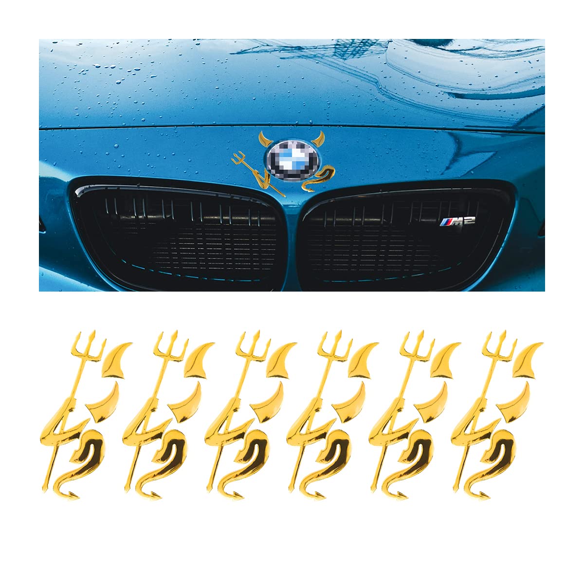 3D Devil Car Logo Stickers, 6PCS Waterproof Demon Style Vehicle Decal Sticker, Soft Self- Adhesive Auto Emblem Logo Car Styling Paper Decoration, Universal for SUV Truck Pickup (Gold)