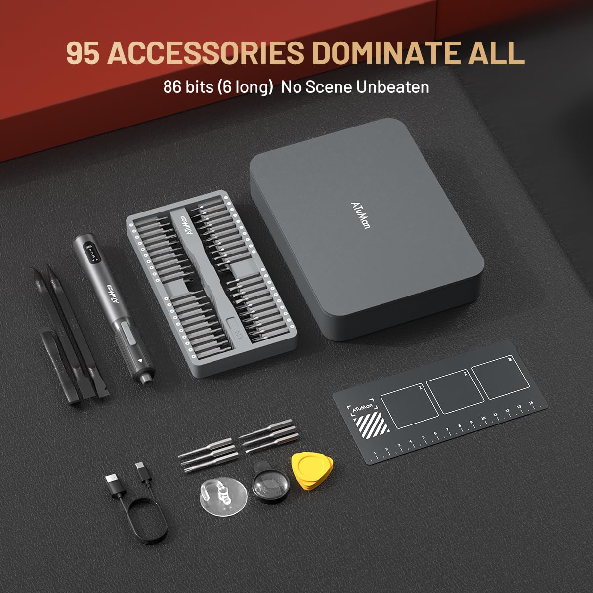 ATuMan Juego de destornilladores eléctricos de precisión 95 en 1 con 86 puntas magnéticas, par de torsión de 0,4 N.m, pantalla visual, control de 3 engranajes y alfombrilla magnética, kit de