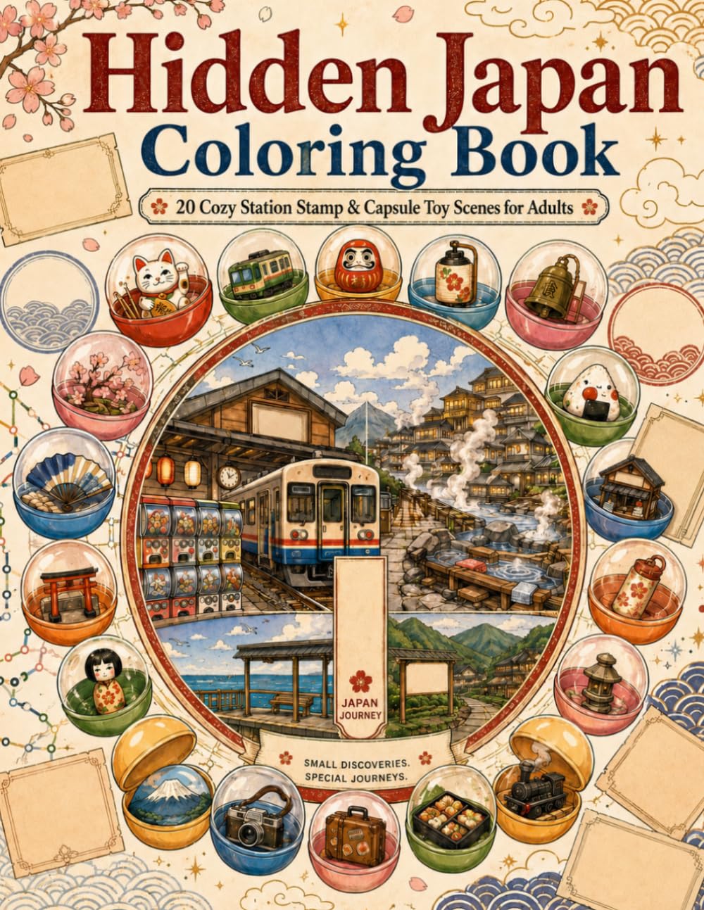 Hidden Japan Coloring Book: 20 Cozy Station Stamp & Capsule Toy Scenes for Adults