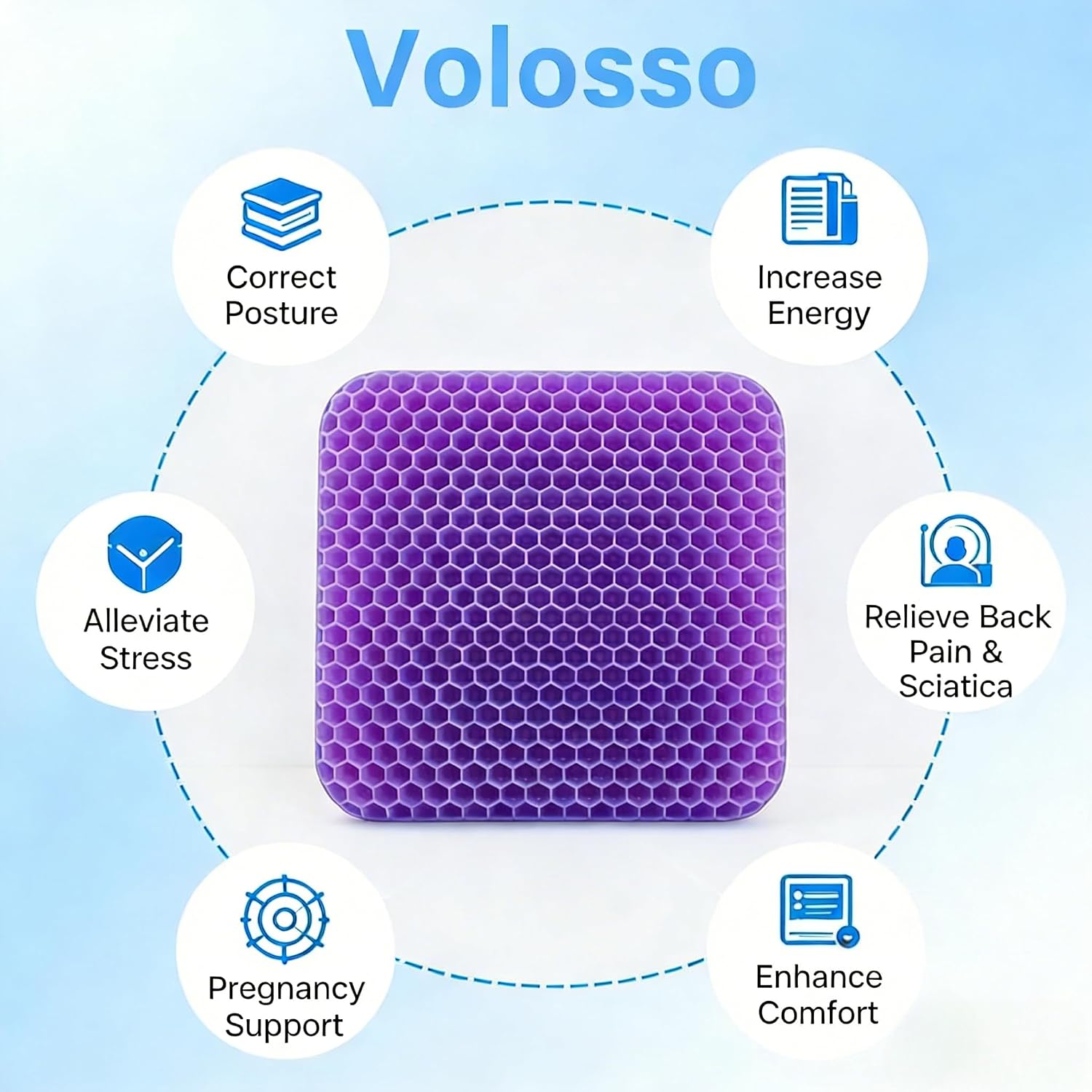 Volosso Cool Gel Seat Cushion, Breathable Honeycomb Design Pressure Relieving Cushion for Office Chair, Home, Car and Wheelchair with Detachable Washable Cover (Purple（42 * 36 * 3.5）)