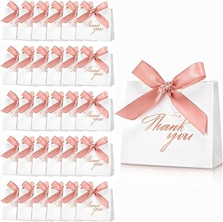 32 Pack Small Thank You Gift Bags with Rose Gold Bow Ribbon Wedding Party Favor Bags Mini Paper White Treat Thank You Box for Wedding Bridal Shower Birthday Baby Shower, 4.5 x 1.8 x 3.9 Inch