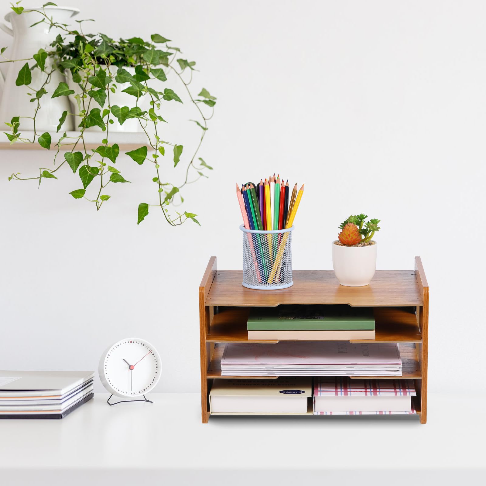 Abaodam Organizzatore da Scrivania Design Semplice e a 4 Livelli in Legno Struttura a Verticale Multiuso e Stabile per Ufficio e Casa