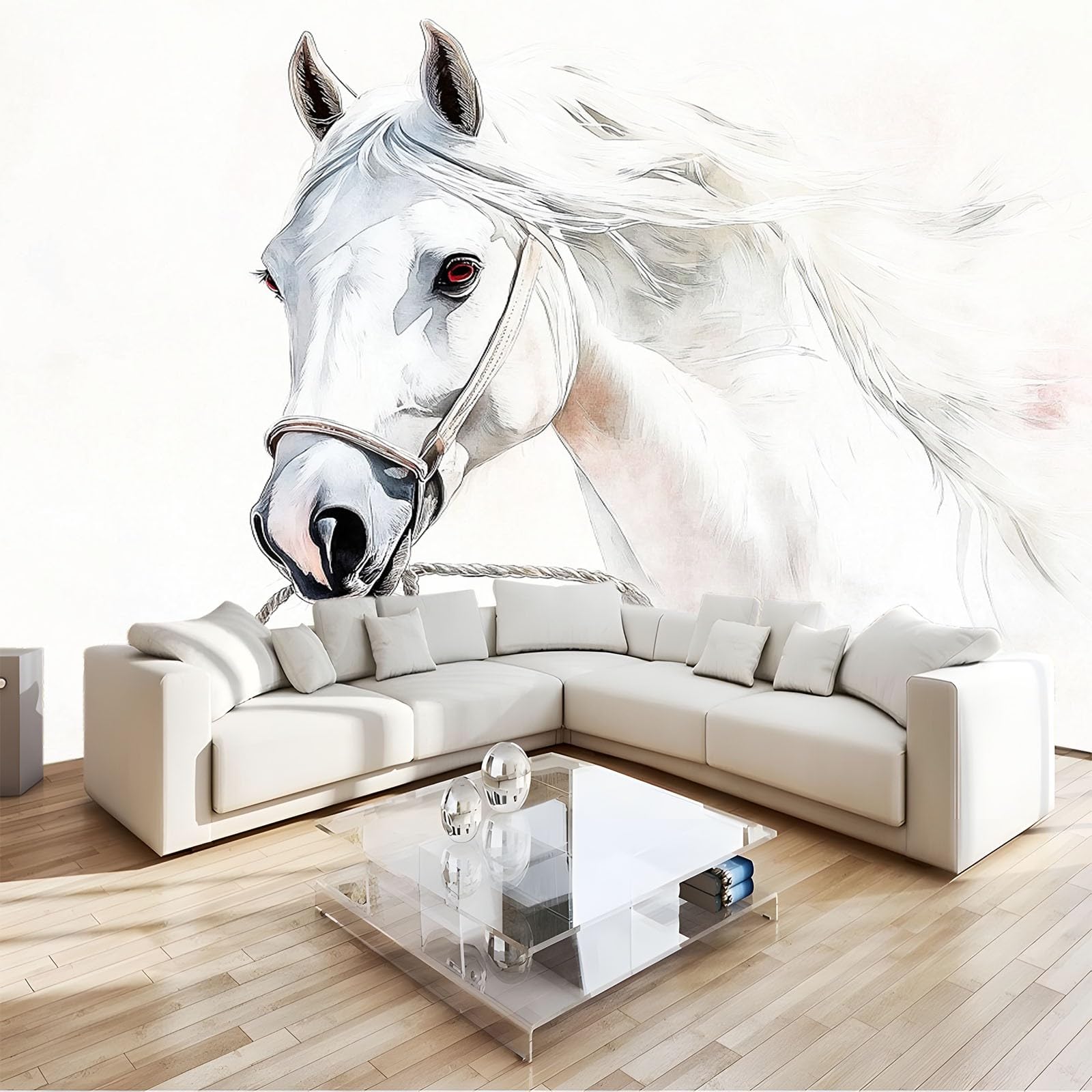 Peinture murale 3D cheval pour agrandir un grand salon lumineux 300x210 cm