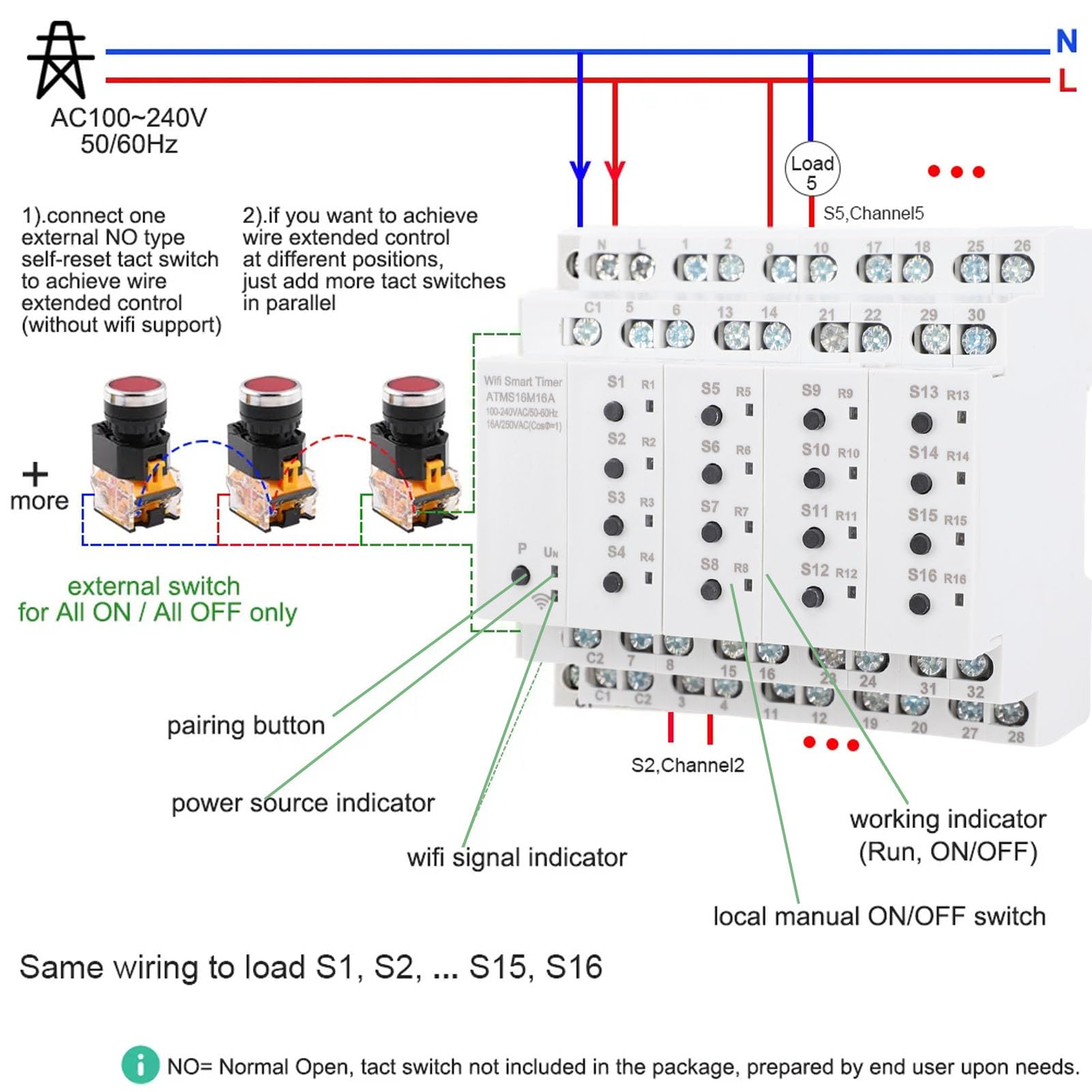 Fafeicy Interruptor Inteligente WiFi, Interruptor Temporizador Inteligente de 16 Canales 16A con Interruptores Externos, Control de Voz a Través de la Aplicación Móvil para Asistente
