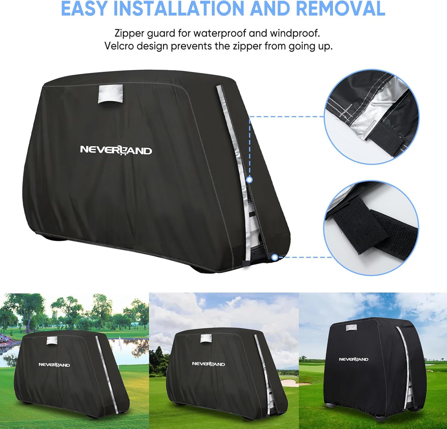 NEVERLAND Golf Cart Cover - Waterproof Golf Cart Covers - Fits for Yamaha Golf Carts EZ GO Club Car - Outdoor Windproof Sunproof (Black, Fit for 2+2/4 Passenger Cart)