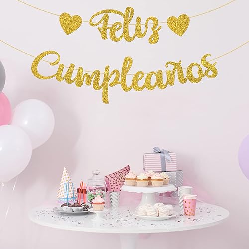 Miniatura 6 de WeBenison Cartel de Feliz Cumpleaños con temática de fiesta de feliz cumpleaños/decoraciones de fiesta de cumpleaños en español, purpurina dorada