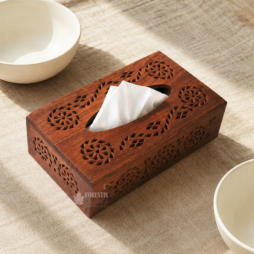 Image of Wooden Tissue Box| Rosewood Napkin Box| Tissue Holder Organizer for Table, Home, Office, Car| Rectangular Facial Paper Cloth Storage Case| Dispenser (9X5 Inches, Carvion)