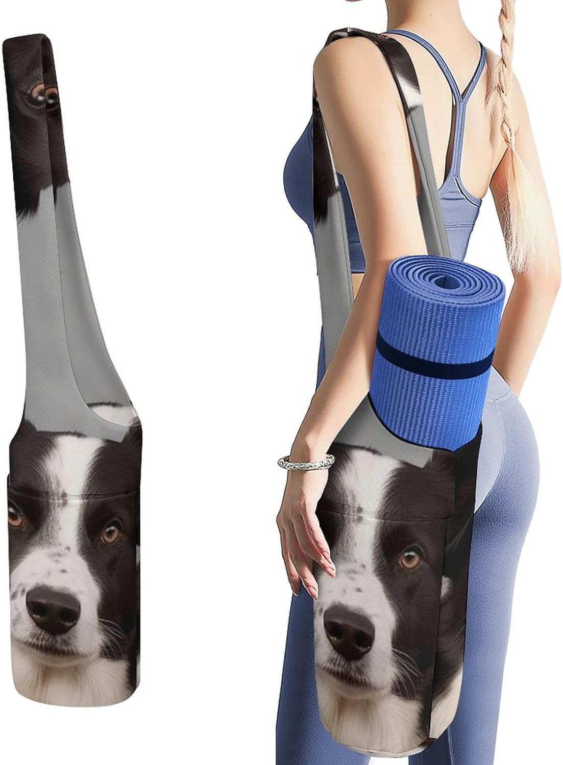 Border Collie Yoga Mat Bag, Durable Canvas Yoga Mat Storage Bag with Water Bottle Pocket And Bottom Wet Bag, Fits Most Size Yoga Mats